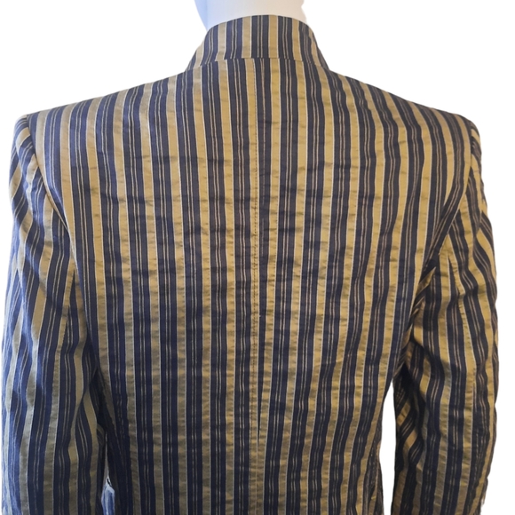 Vtg VOTRE NOM Linen Blend Striped Mandarin Collar Blazer Sz S Navy/Olive - Picture 6 of 10